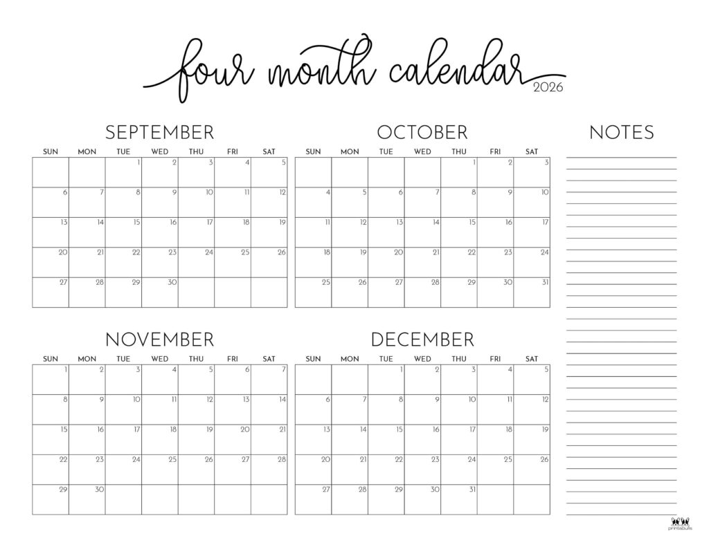 September To December 2026 Printable Calendar