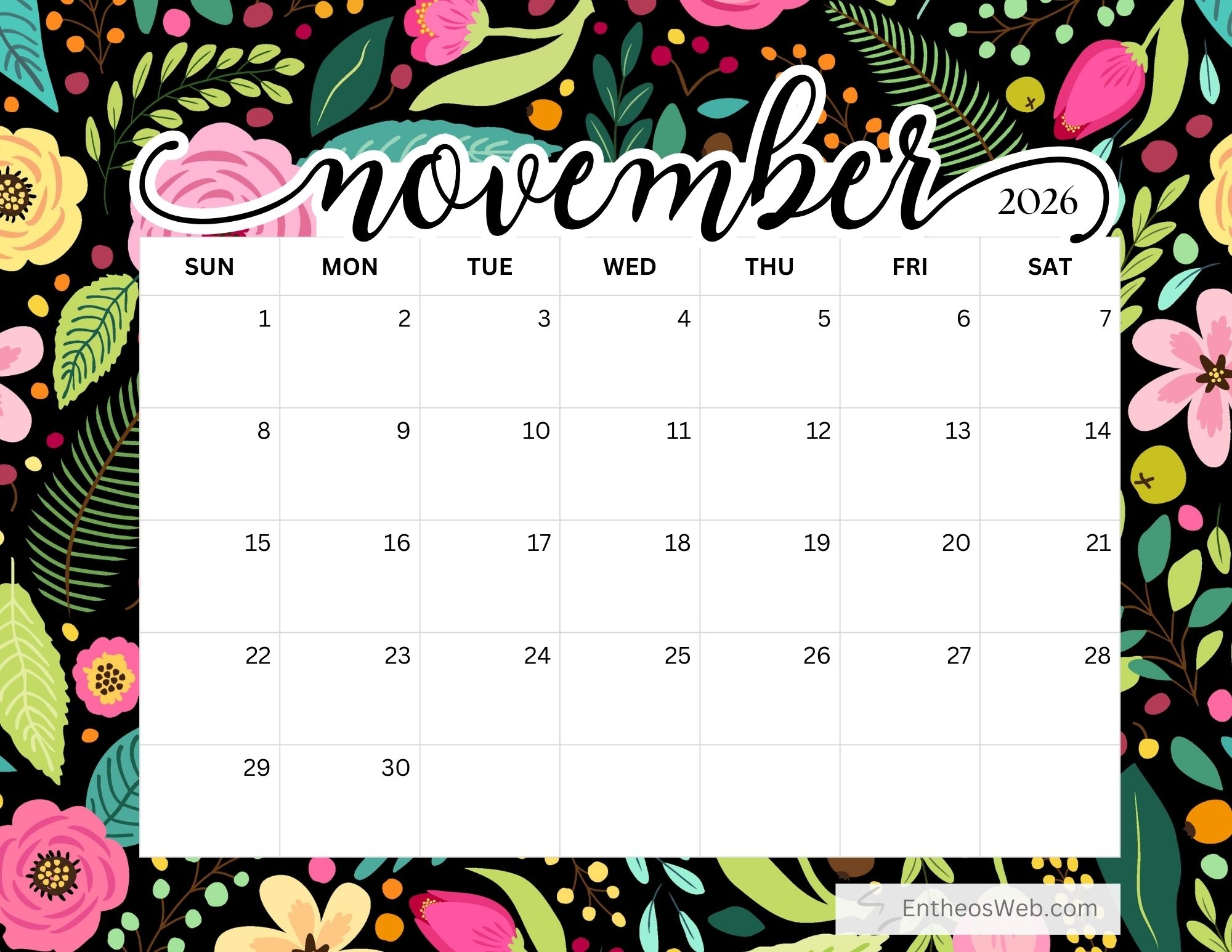 2026 Free Printable Monthly Calendar With Floral Backgrounds 