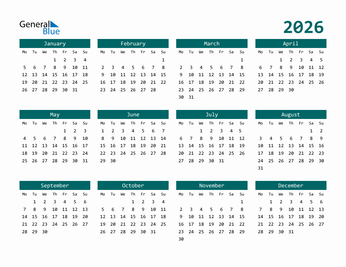 2026 Full Year Calendar With Monday Start