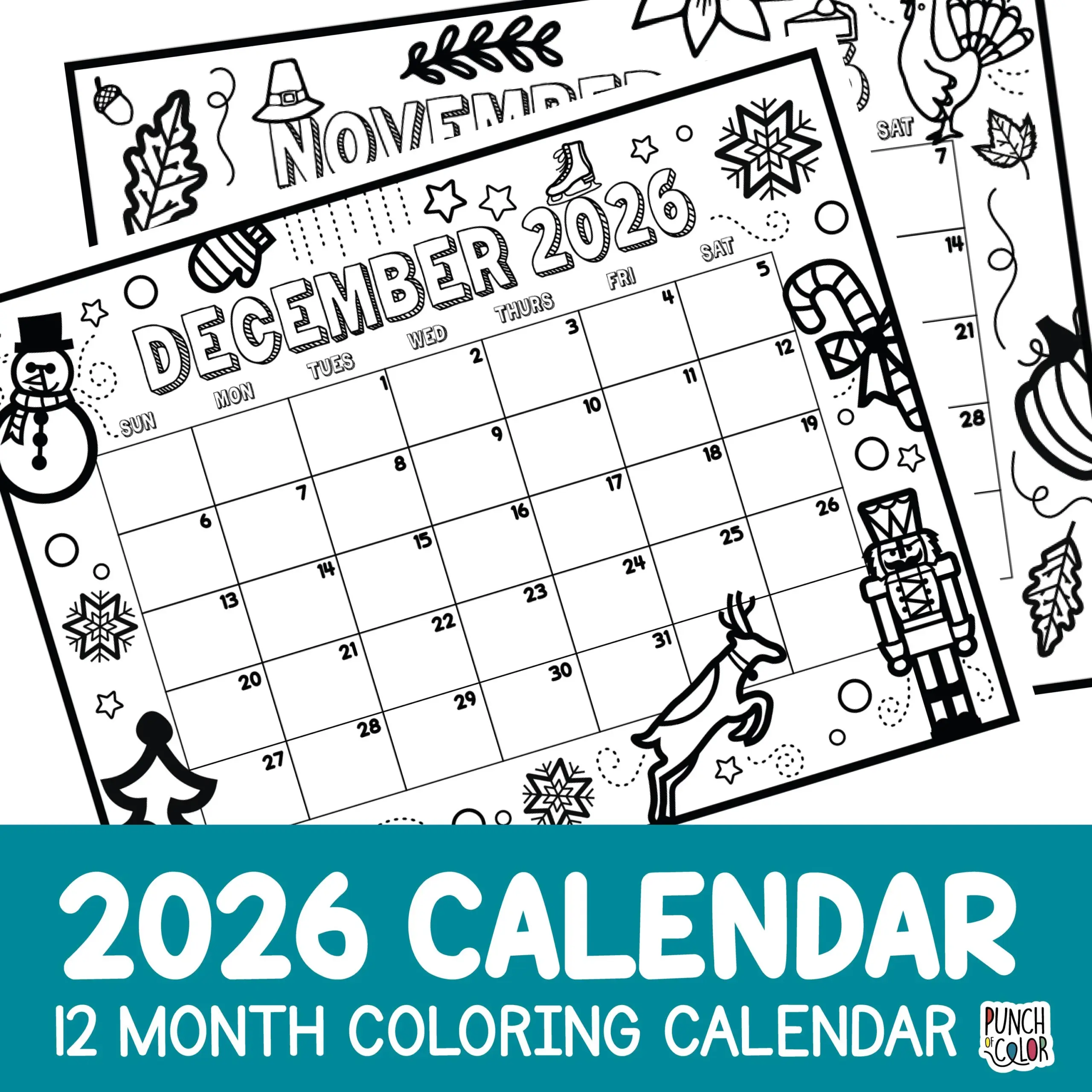 2026 Coloring Calendar Printable December