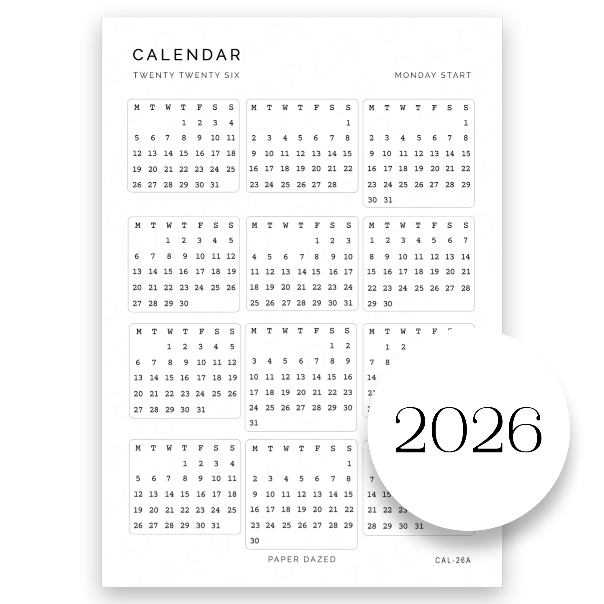 December 2026 Mini Printable Calendar