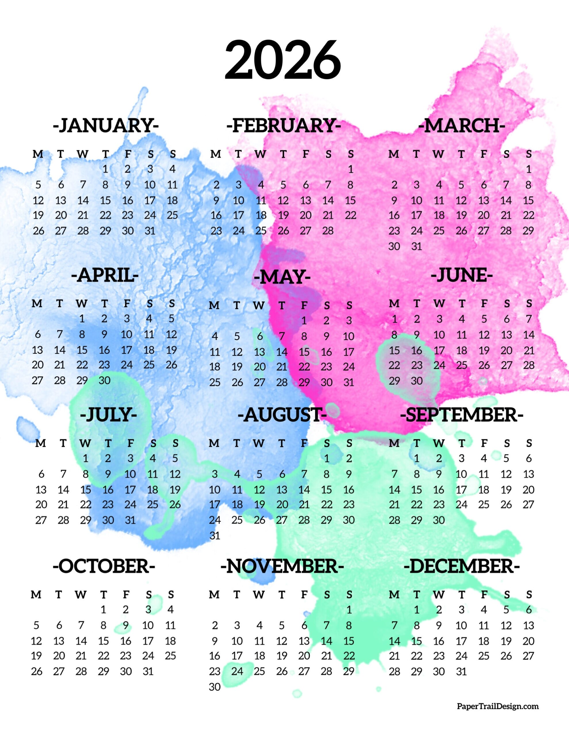 2026 Calendar Printable Starting Monday December