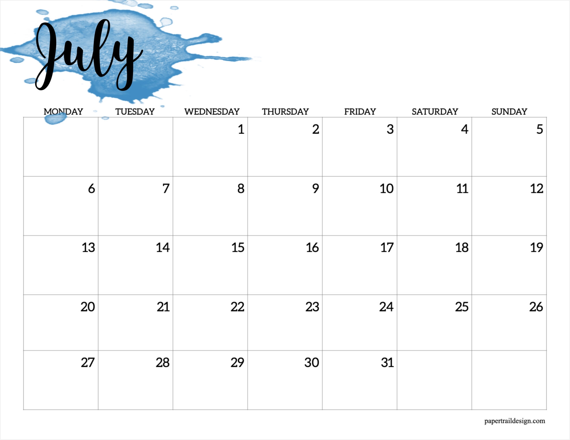 2026 Monday Start Calendar Printable Watercolor Paper Trail Design