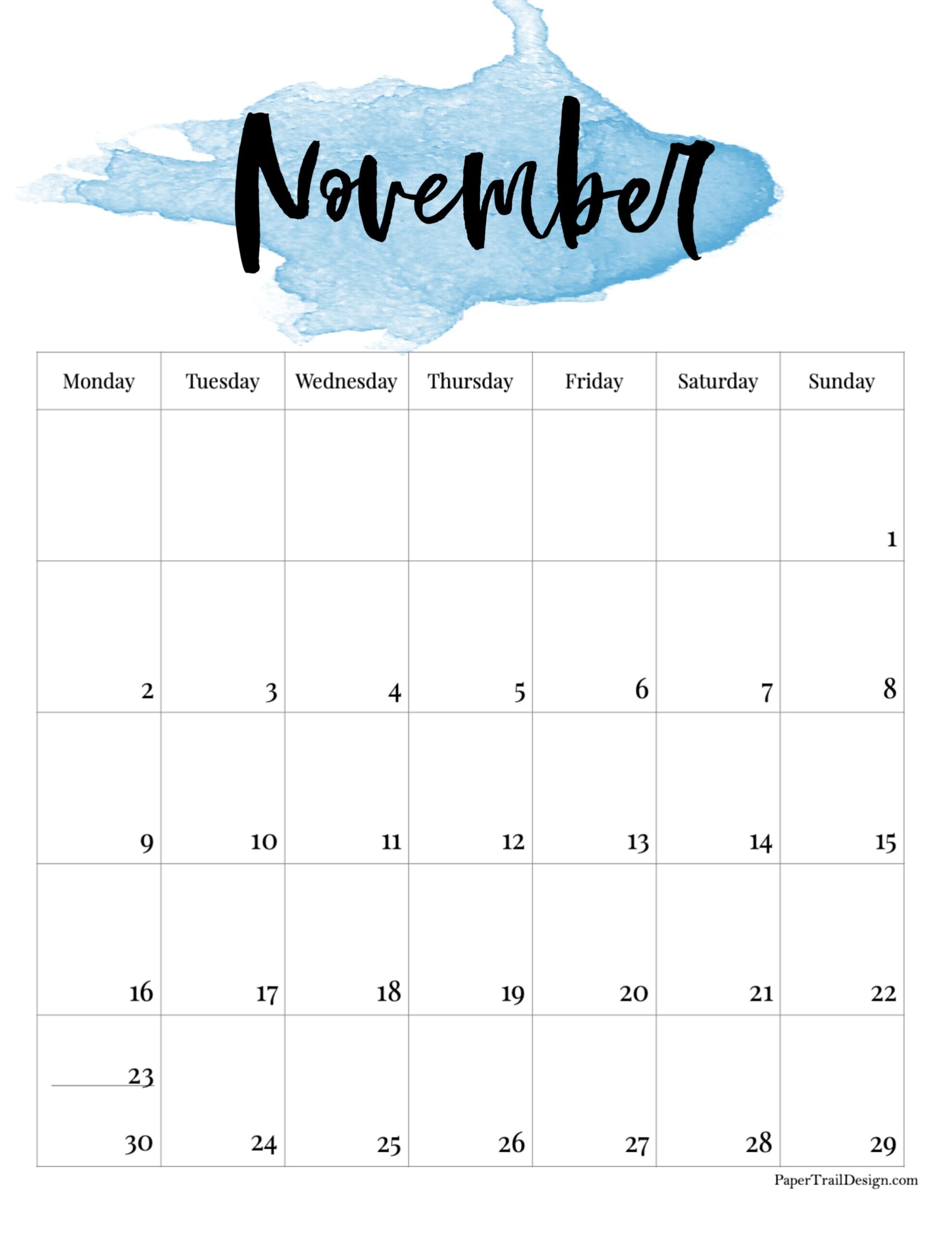 2026 Monday Start Watercolor Calendar Paper Trail Design