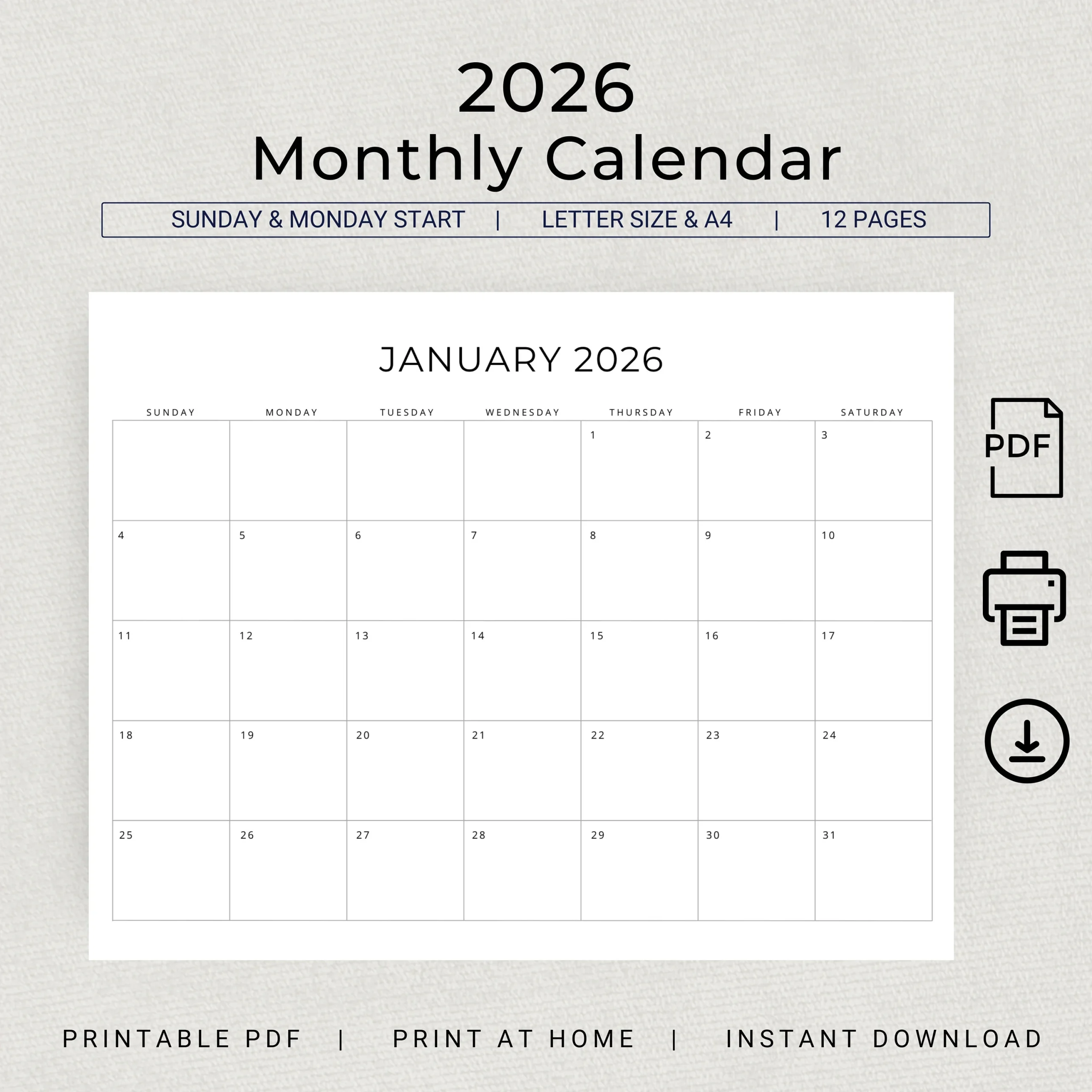 2026 Monthly Calendar PRINTABLE 2026 Monthly Planner Landscape 
