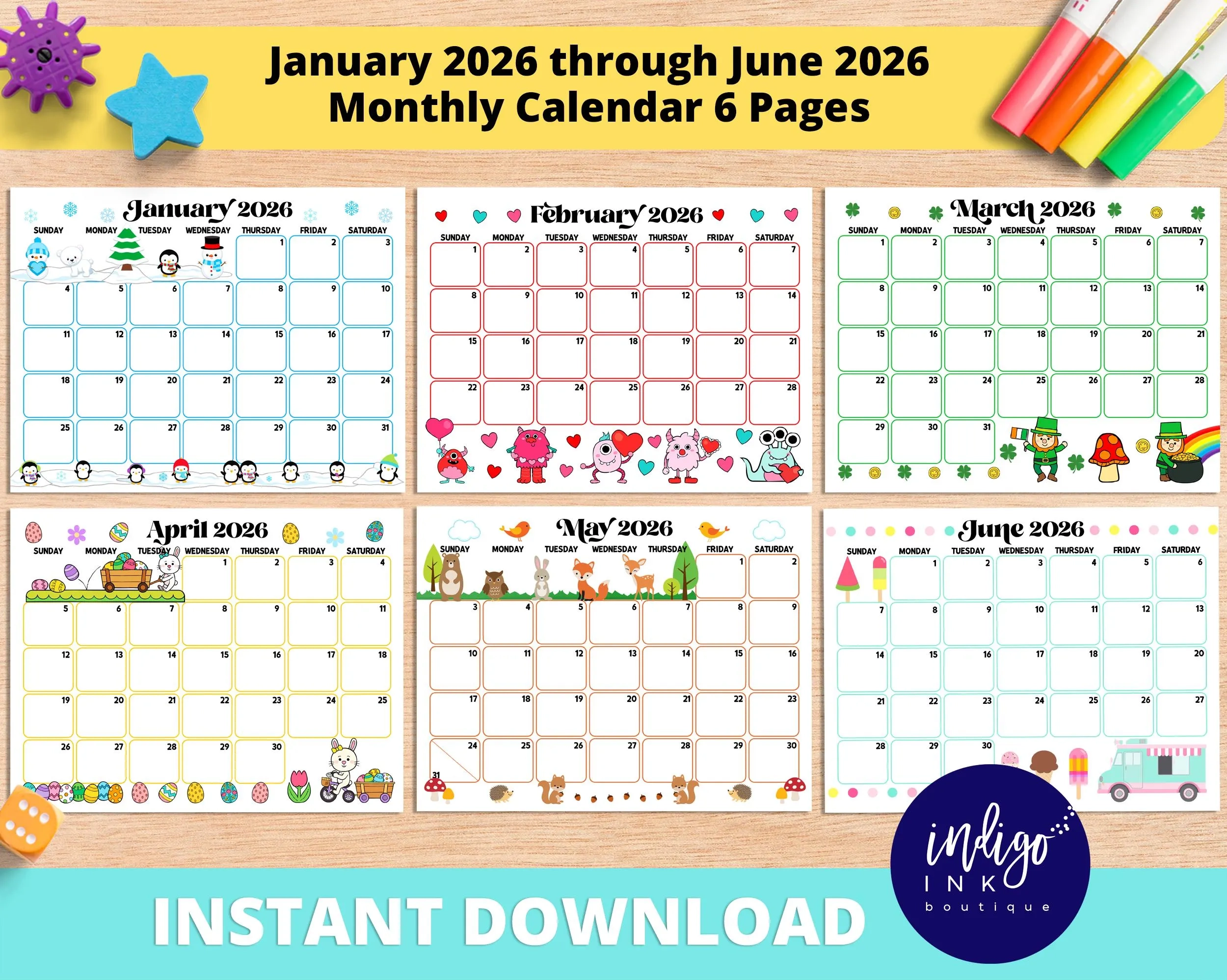 2026 Monthly Calendar Printable INSTANT DOWNLOAD January 2026 