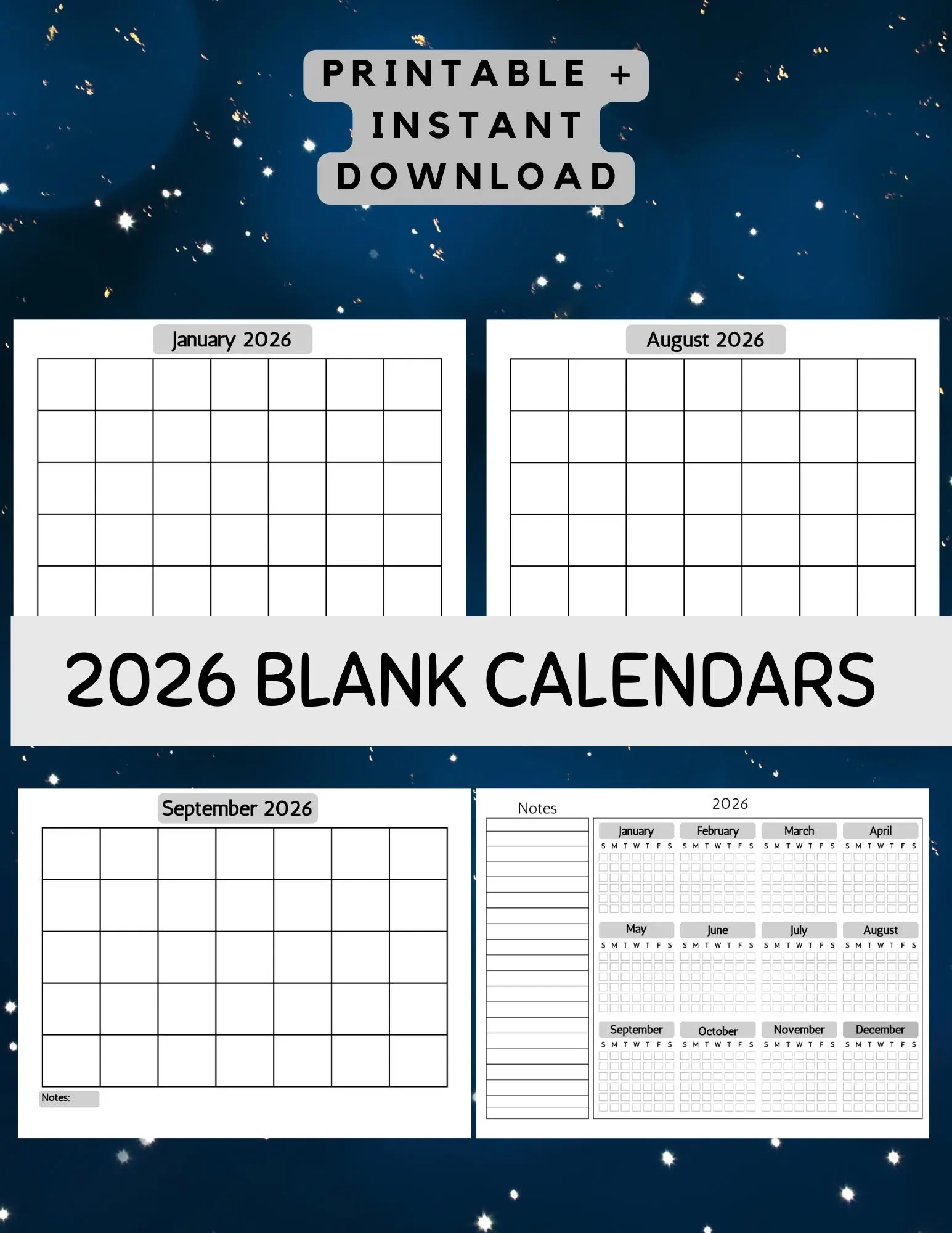2026 Monthly Calendar Printable simple Minimalist Blank 2026 