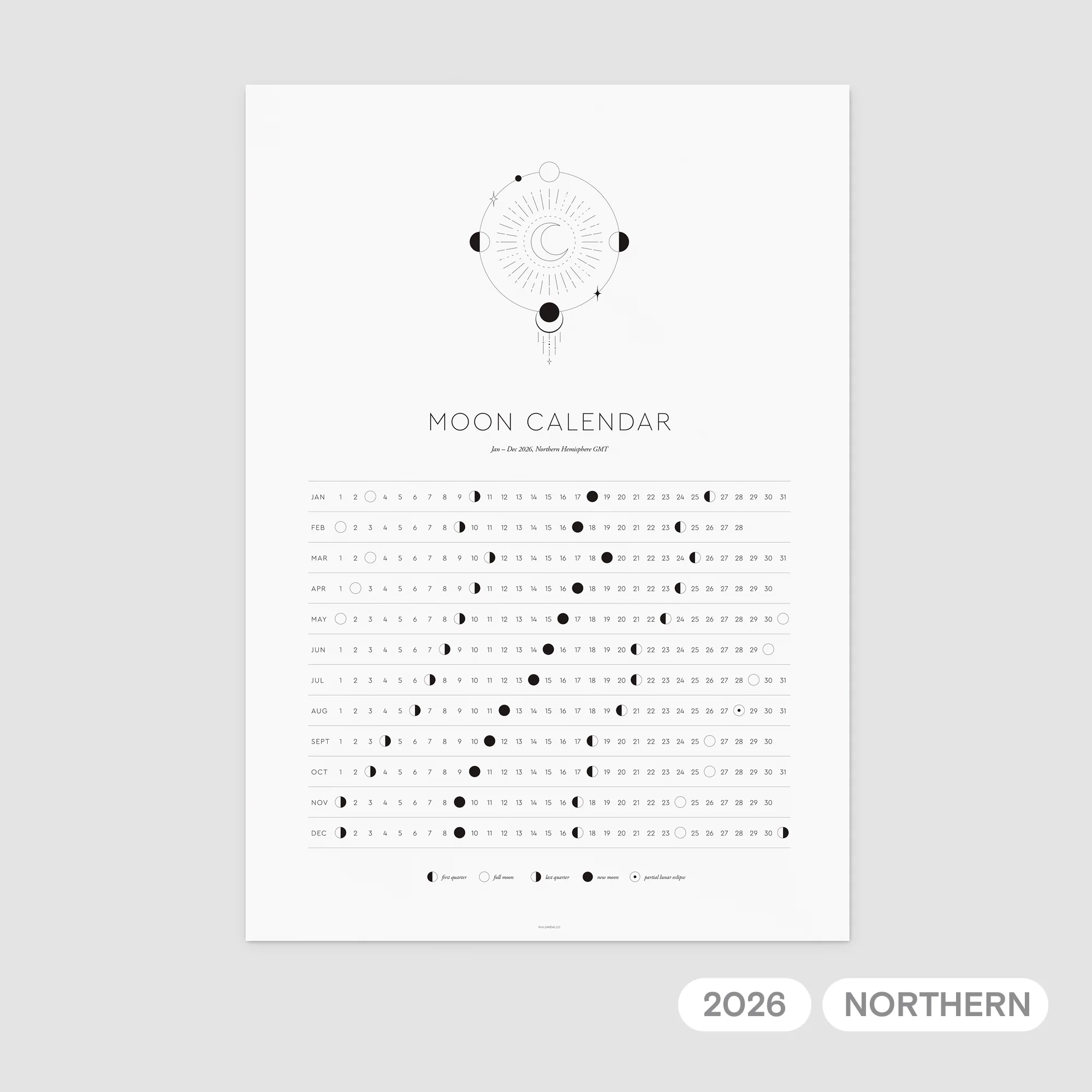 2026 Moon Calendar A3 Printable North amp South Hemisphere 