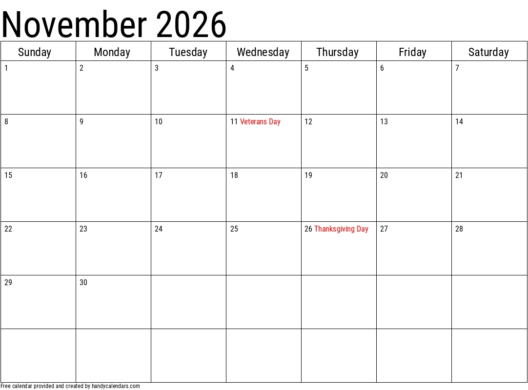 Printable 2026 November Calendar