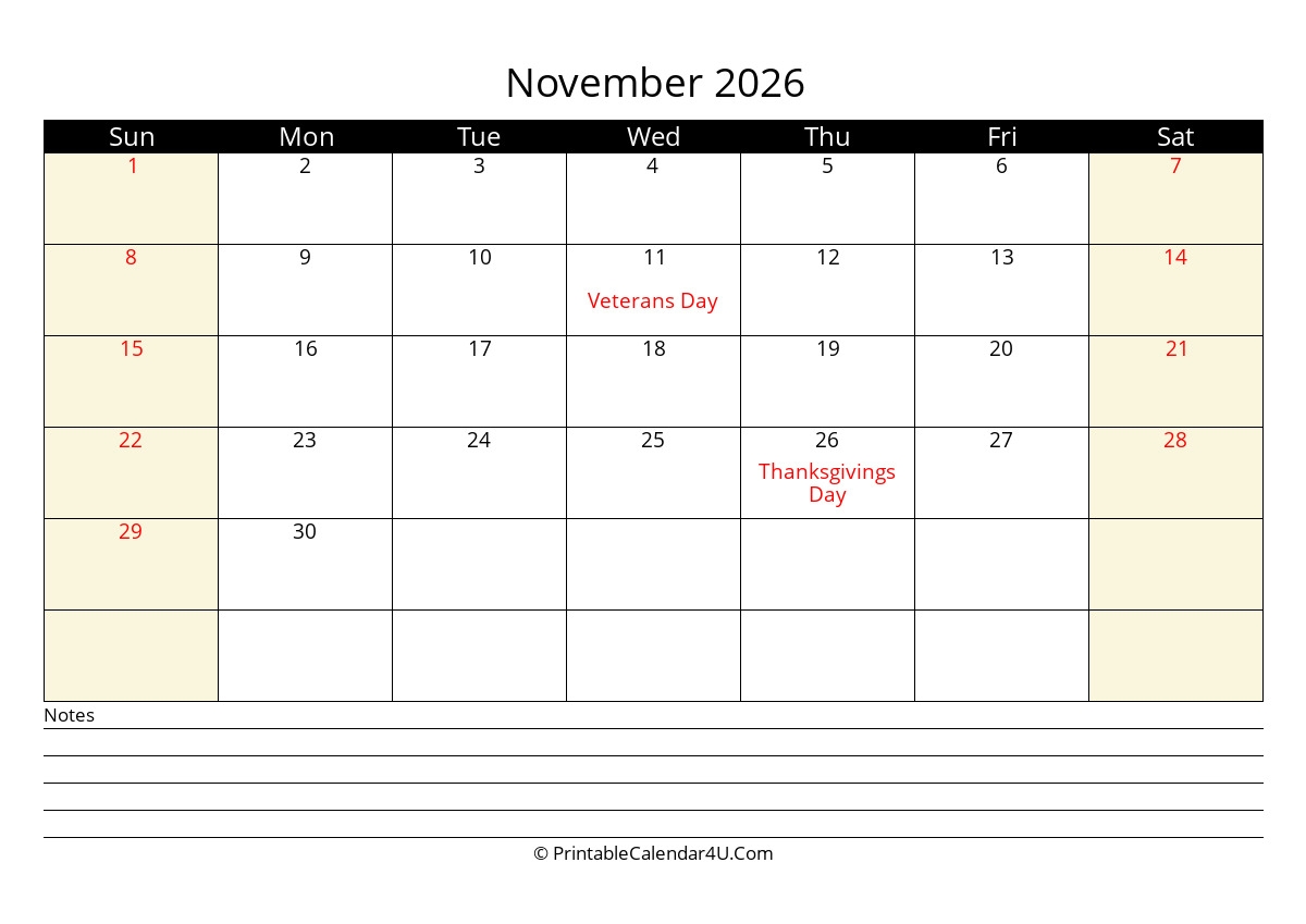 2026 November Calendars PrintableCalendar4U Com