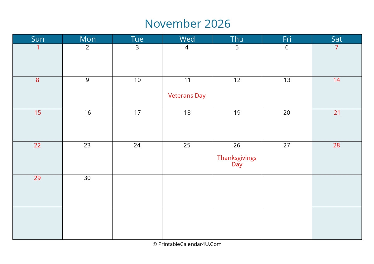 2026 November Calendars PrintableCalendar4U Com