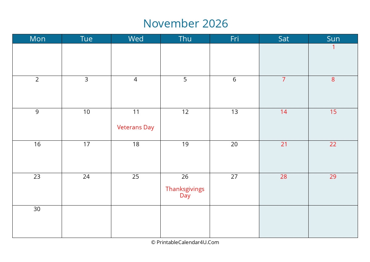 2026 November Calendars PrintableCalendar4U Com