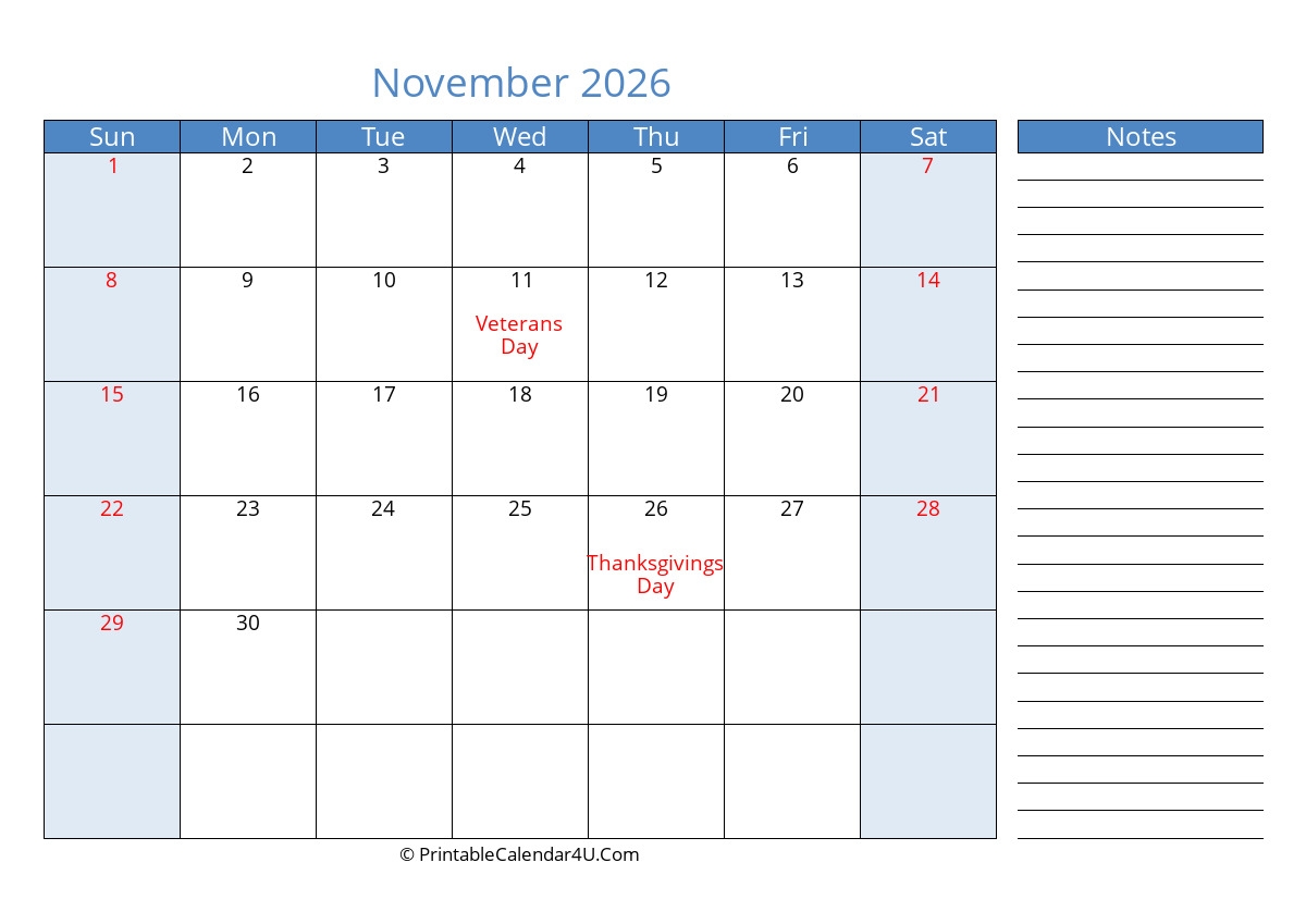 Free Printable Calendar November 2026 Monthly