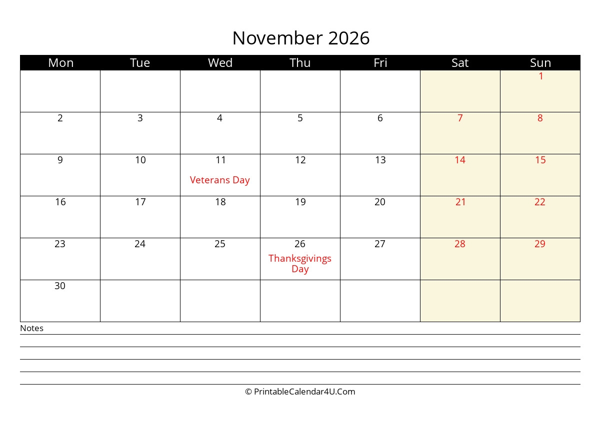 2026 November Calendars PrintableCalendar4U Com 2026 November Calendars PrintableCalendar4U Com