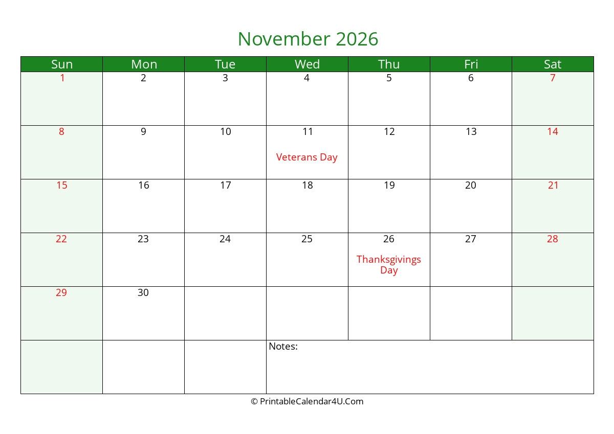 Printable Calendar November 2026 Excel