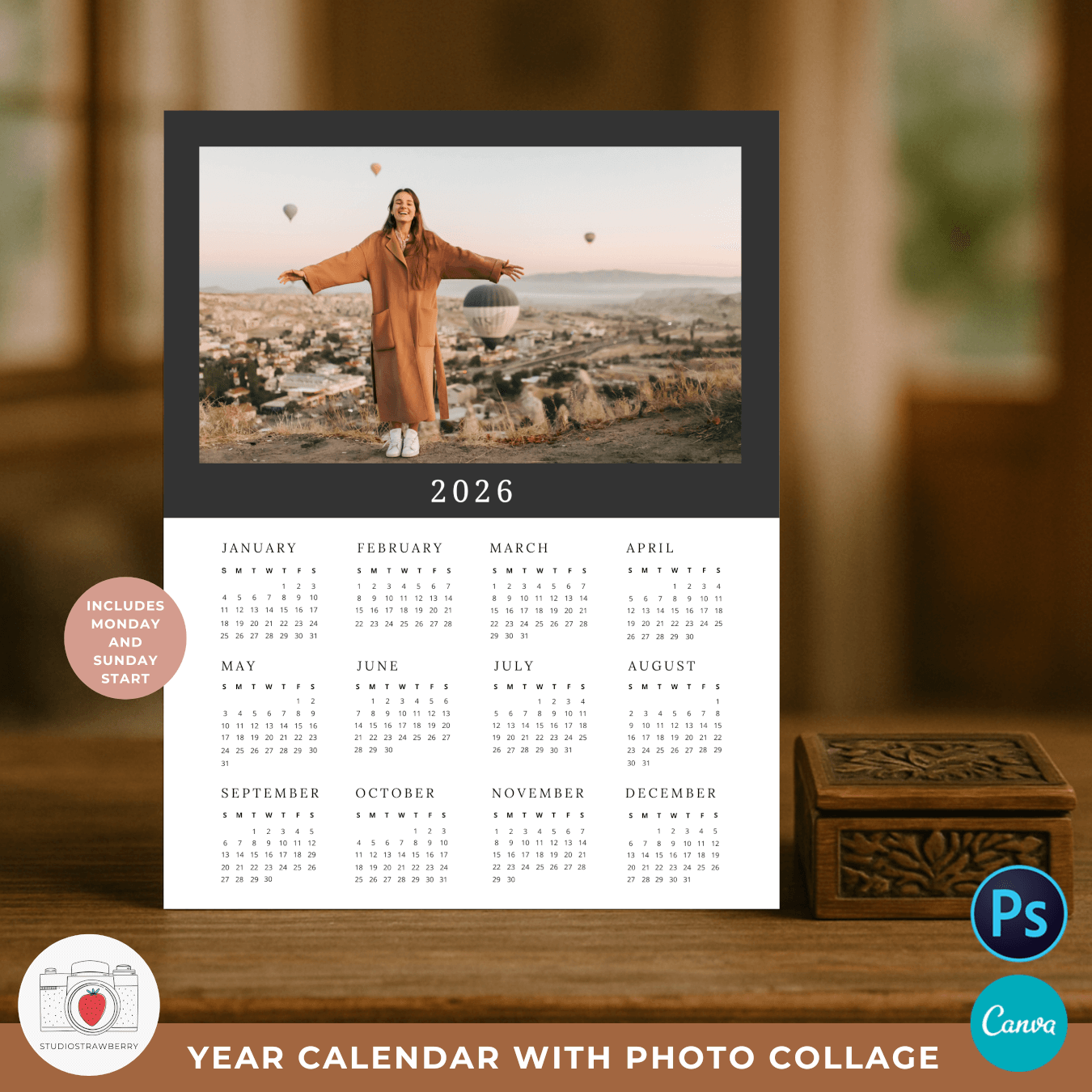 2026 Photo Calendar Template For Canva amp Photoshop Strawberry Kit