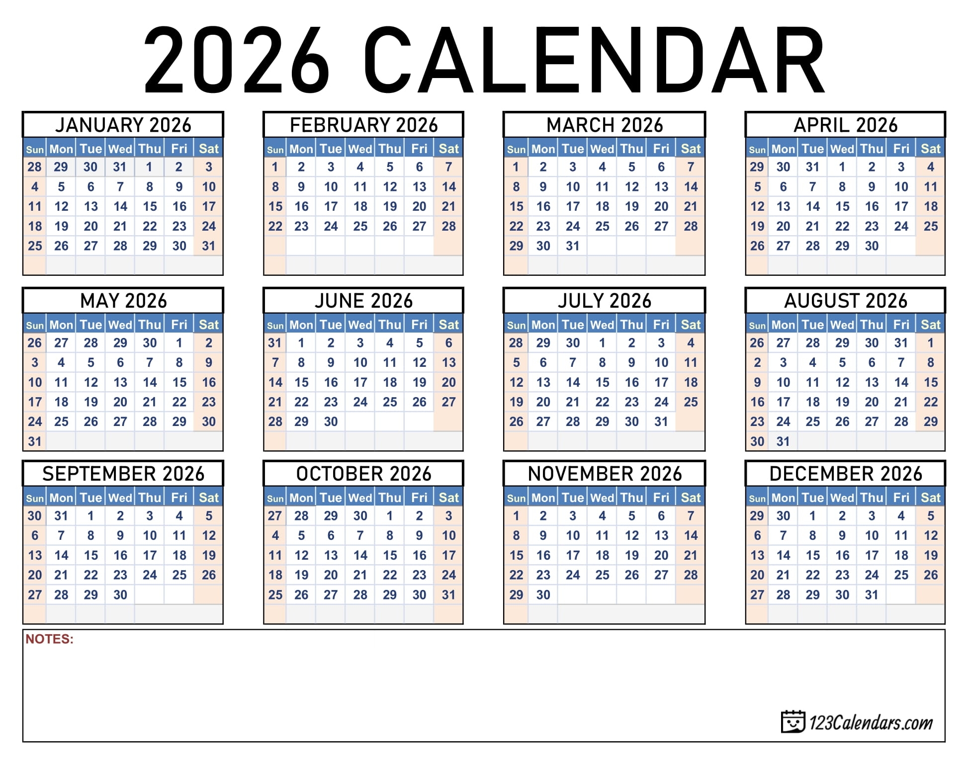 2026 printable calendar 123calendars