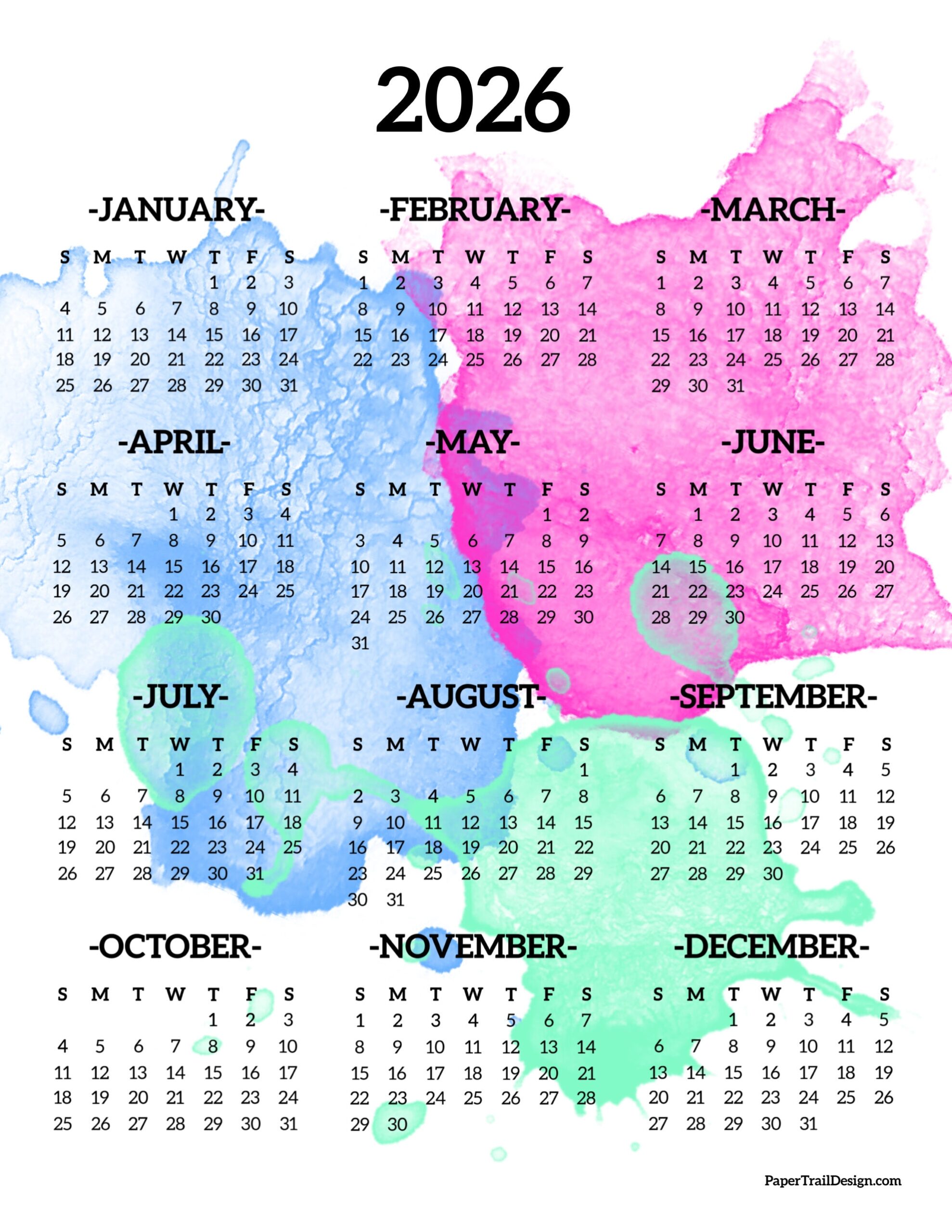2026 Printable Calendar One Page Paper Trail Design