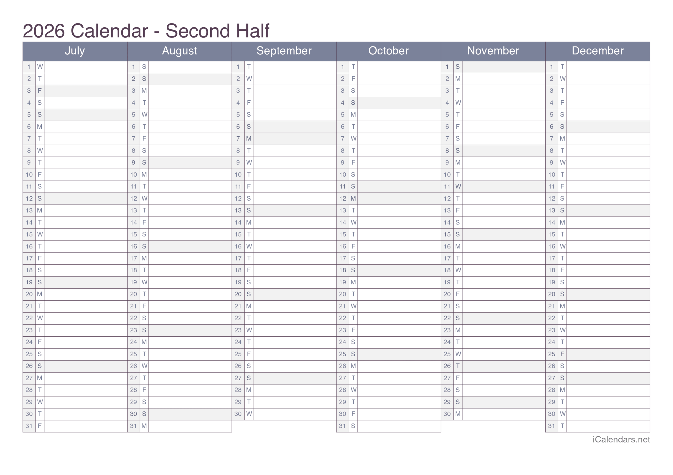 2026 printable calendar pdf or excel