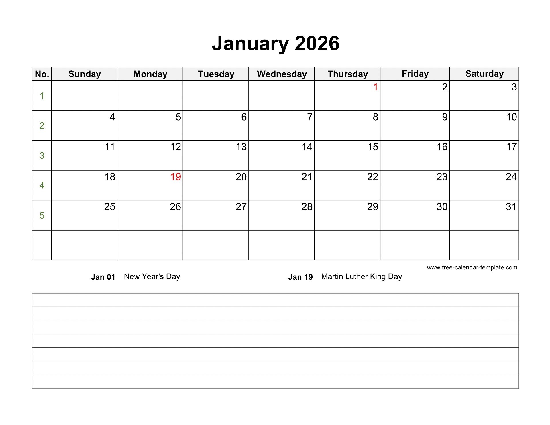 2026 Printable January Calendar With Space For Appointments 