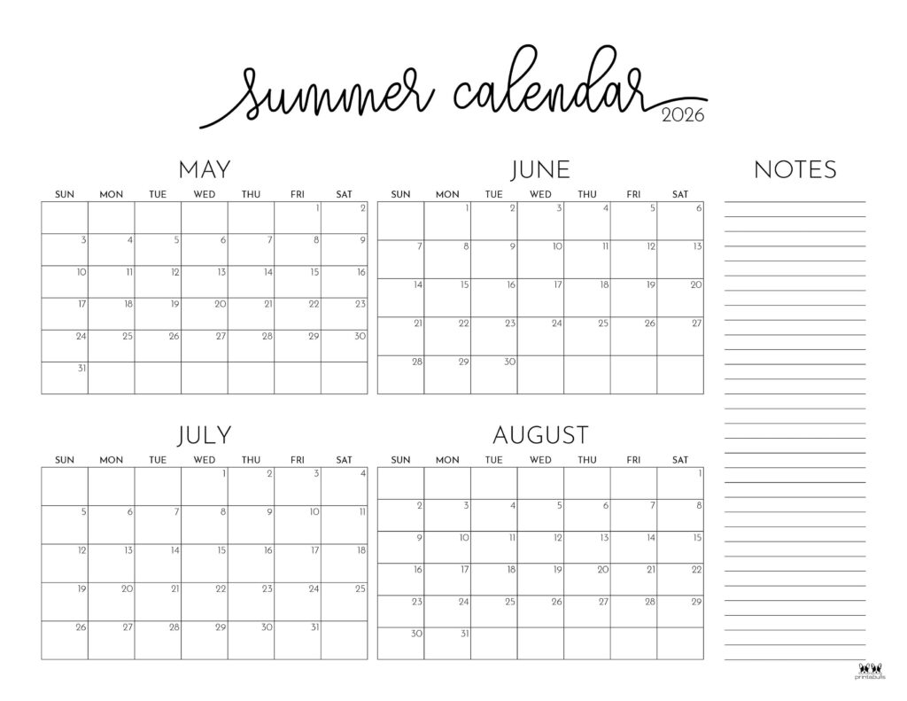 2026 Summer Calendars 31 FREE Printables Printabulls