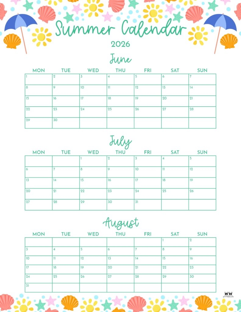 2026 Summer Calendars 31 FREE Printables Printabulls