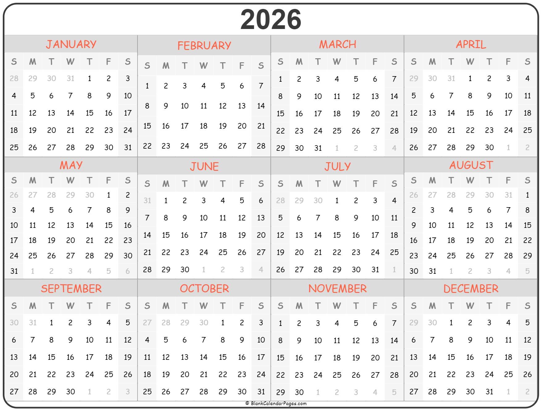 2026 Calendar Printable Template Free