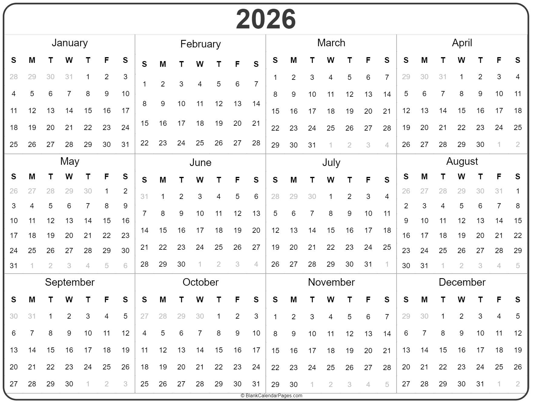 Blank 2026 Calendars Printable Template
