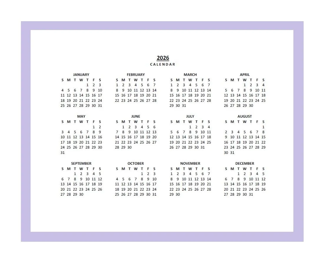 2026 Yearly Calendar Printable Sunday Start Year At A Glance 