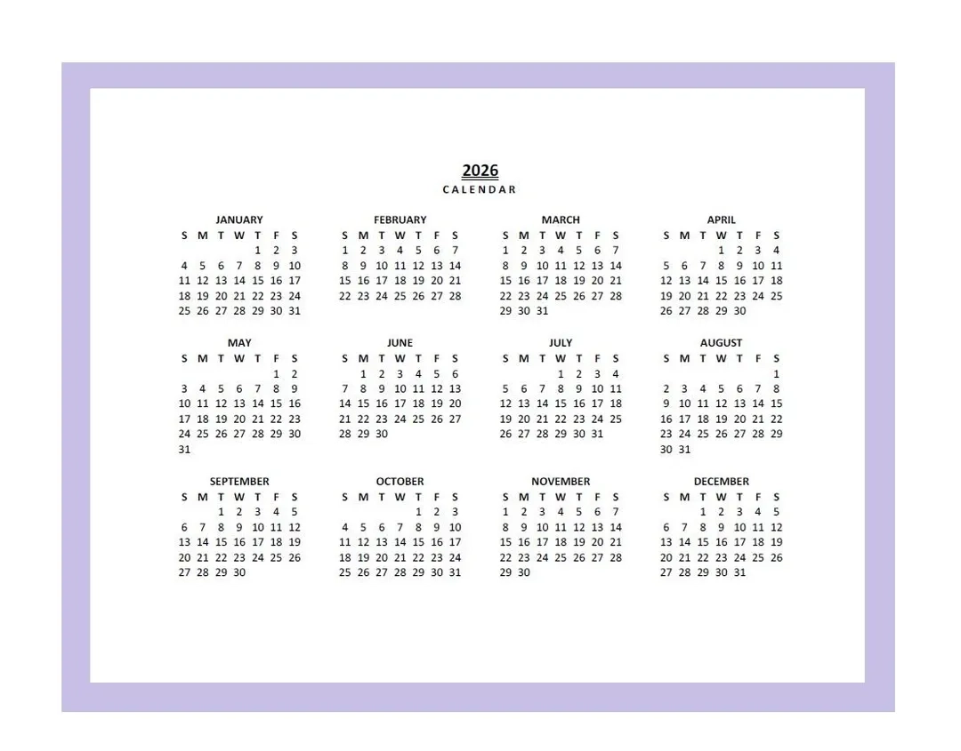 2026 Yearly Calendar Printable Sunday Start Year At A Glance 