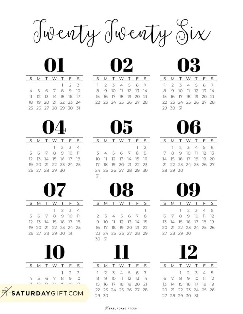 Blank Printable Year Calendar 2026