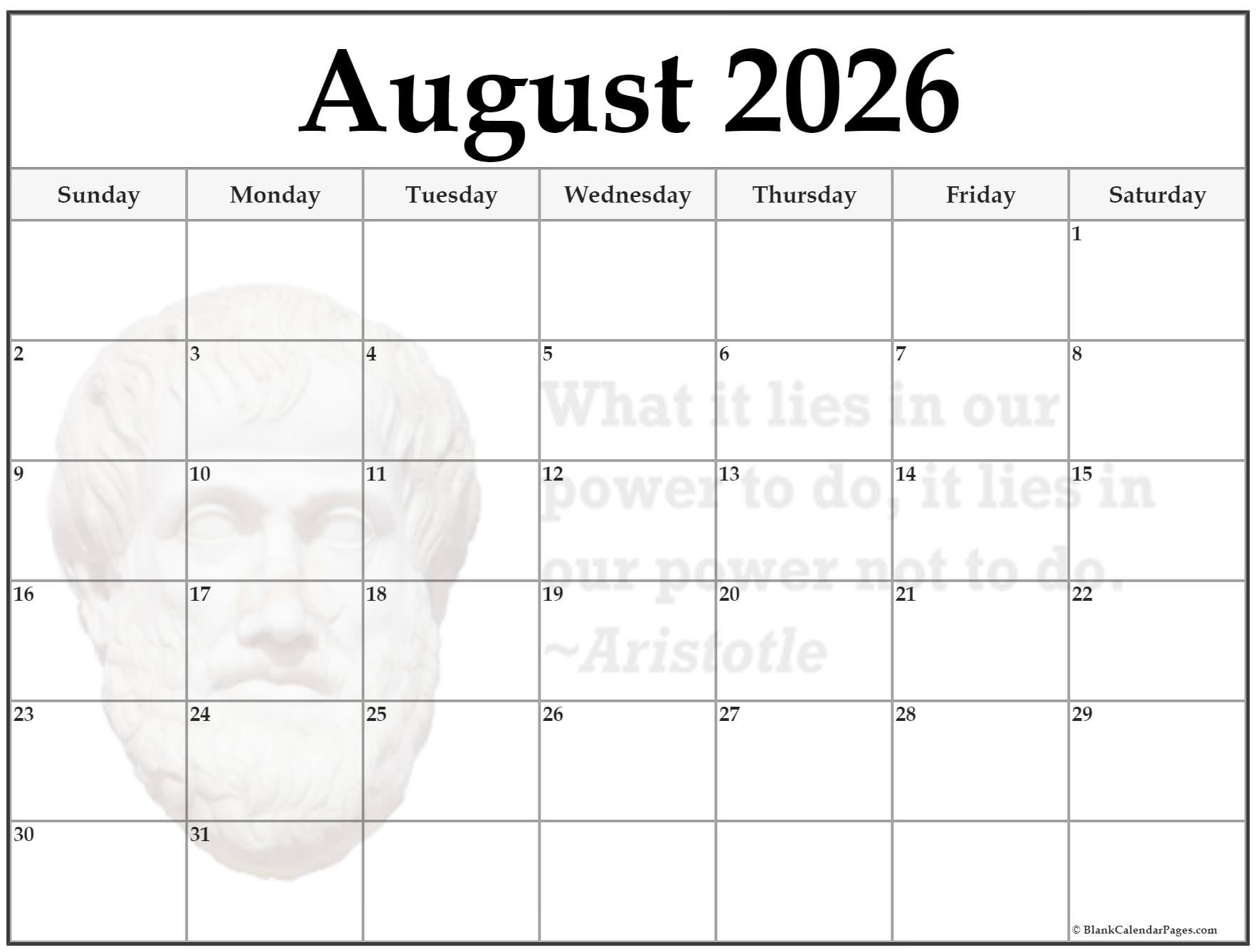 August Blank Calendar 2026