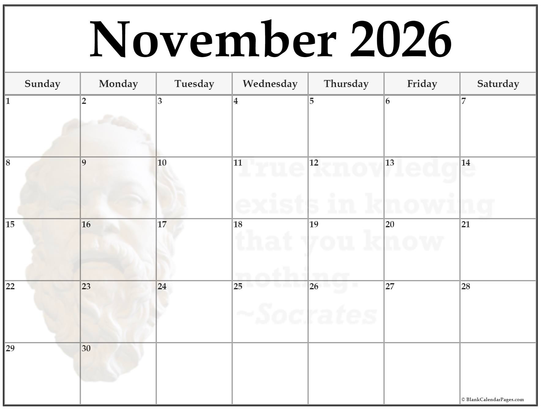 Printable Blank November 2026 Calendar