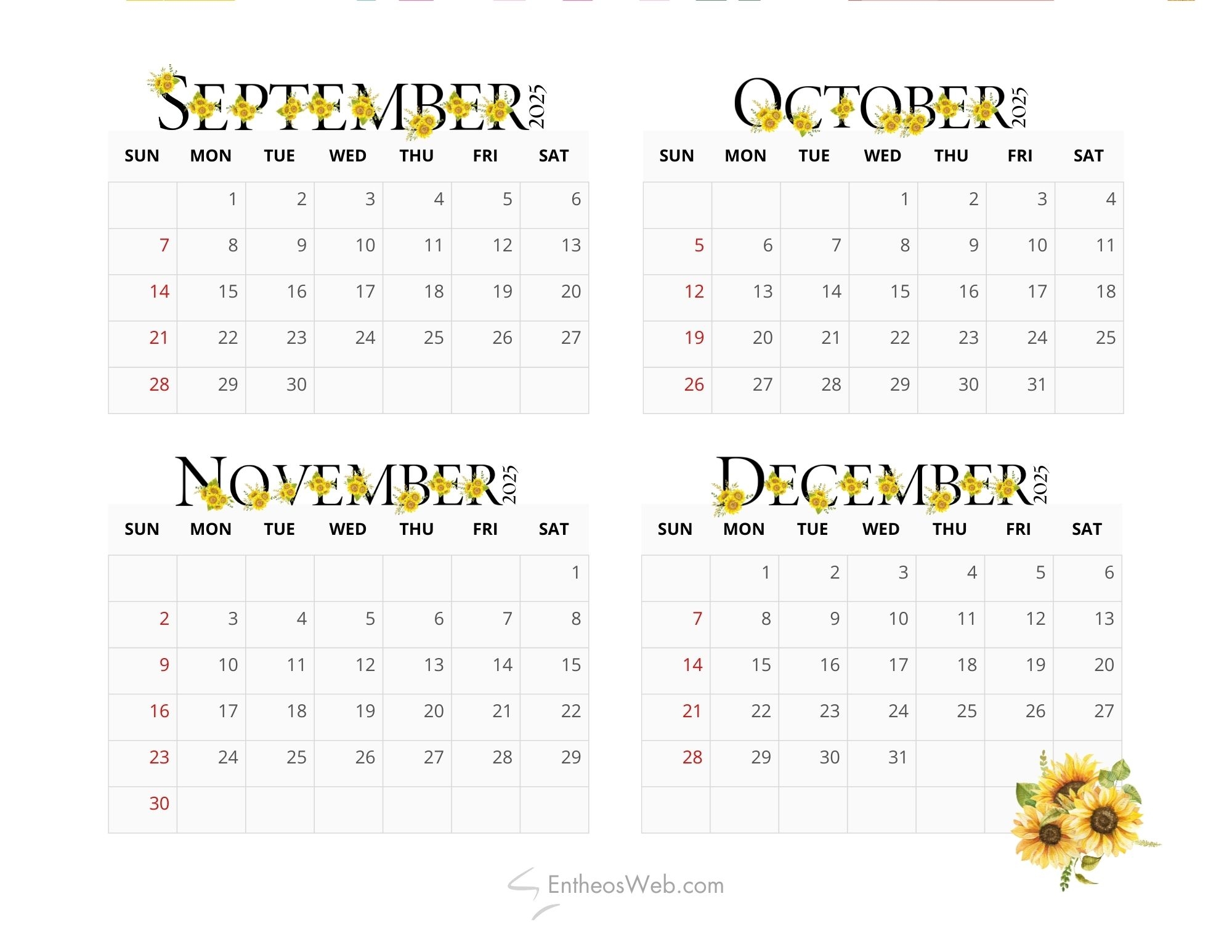 September Through December 2026 Printable Calendar