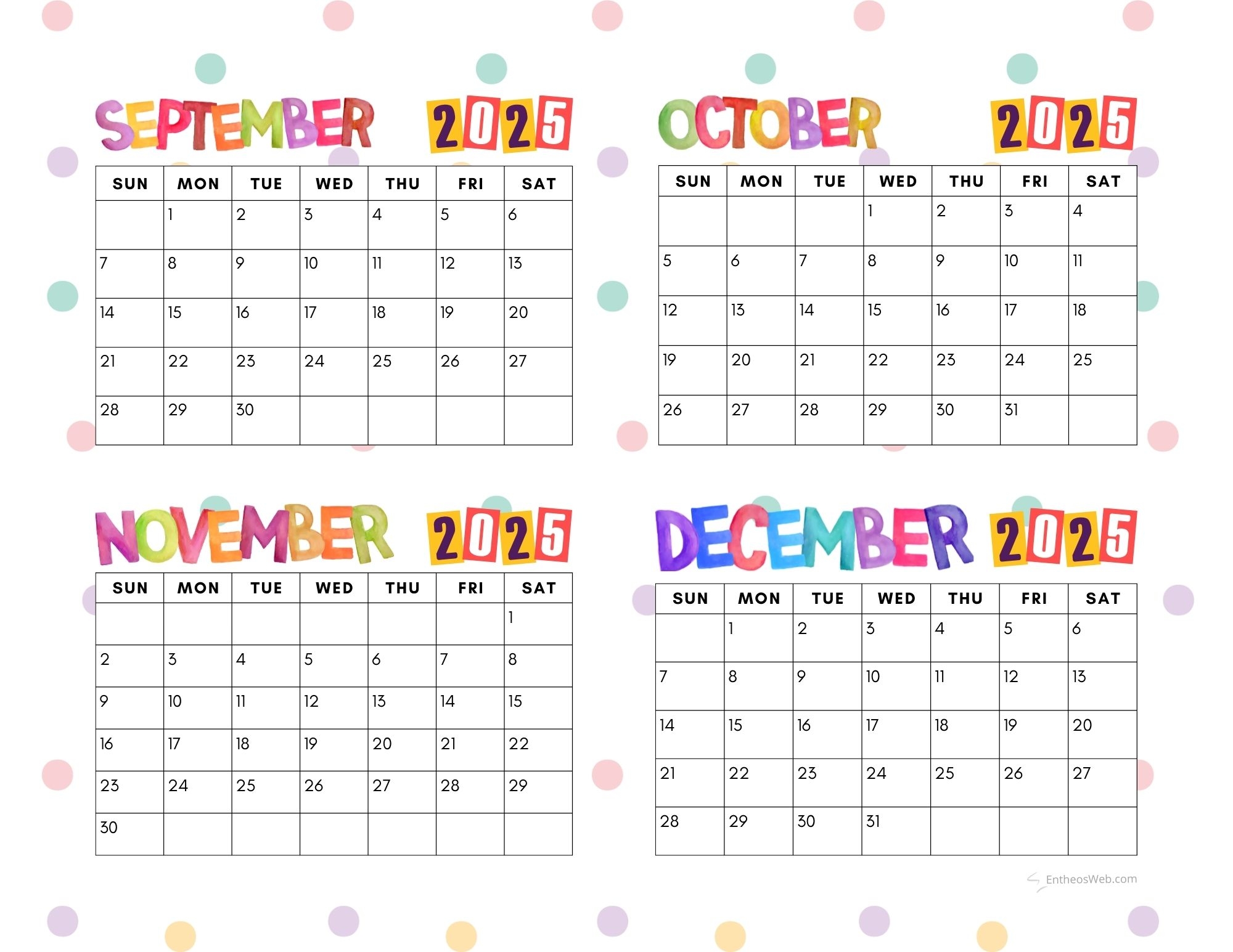 4 Month Printable Calendars September October November And 