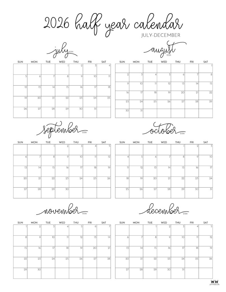 6 Month Calendars 2026 40 FREE Calendars Printabulls