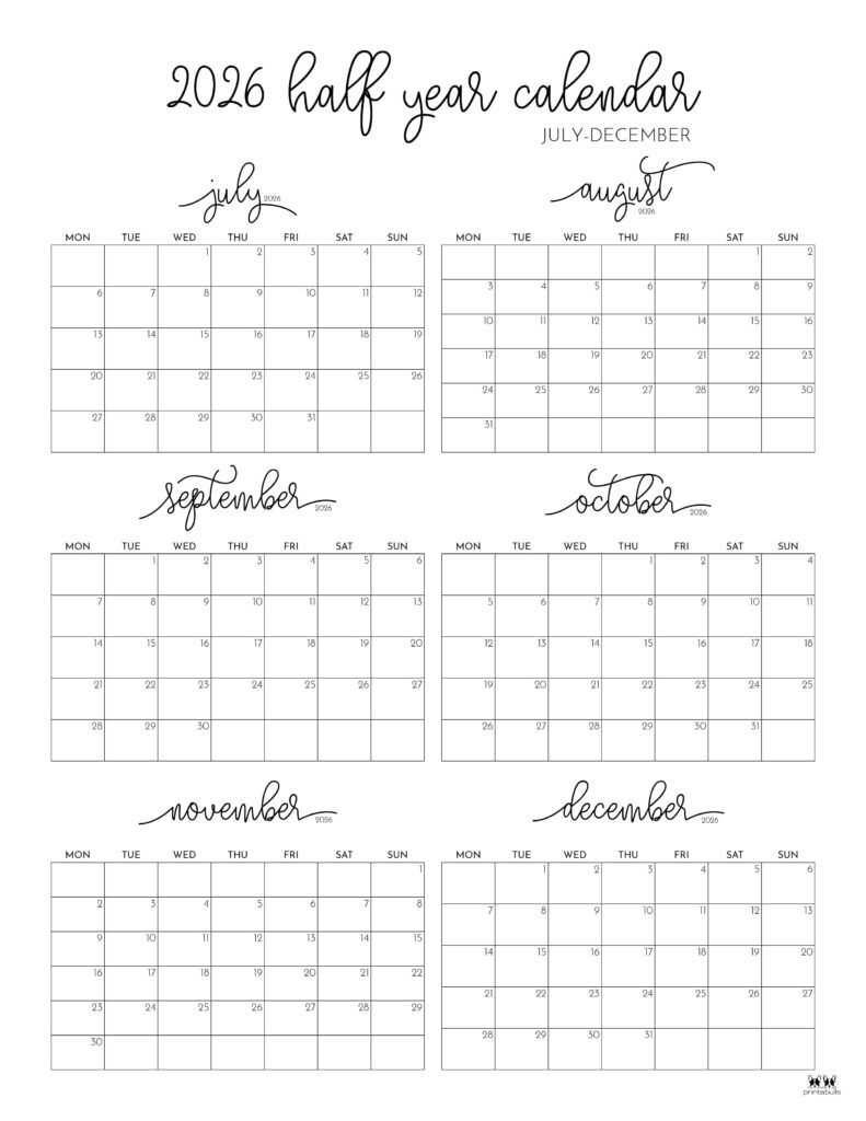 6 Month Calendars 2026 40 FREE Calendars Printabulls
