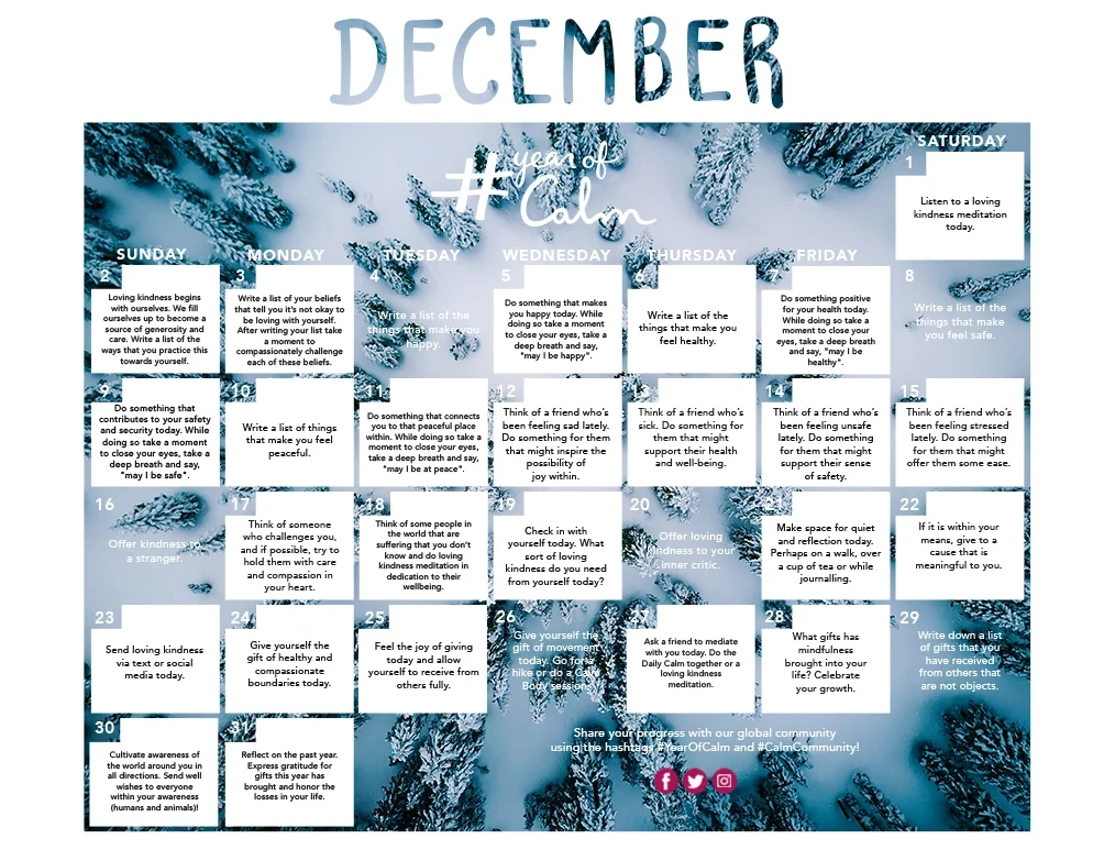 December Printable Calendar Kindness Calendar Mindfulness
