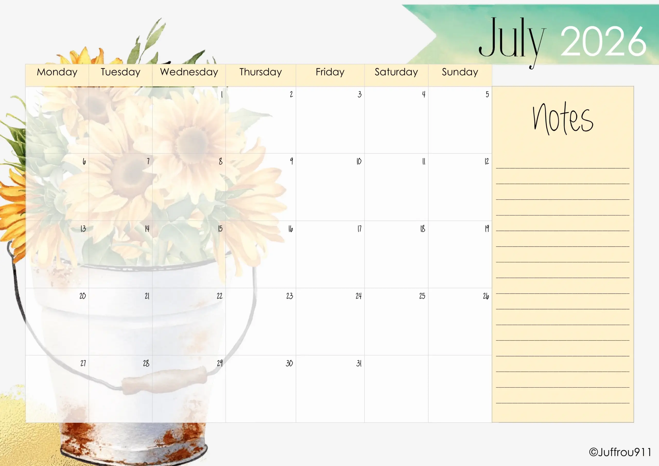 A3 Sunflower Calendar 2026 Juffrou 911