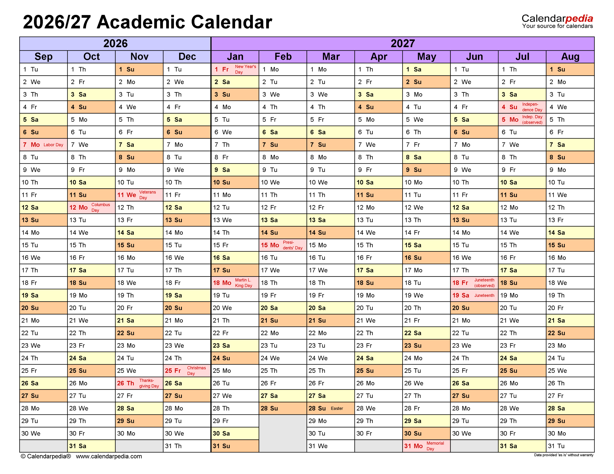 2026-27 School Calendar Printable Blank