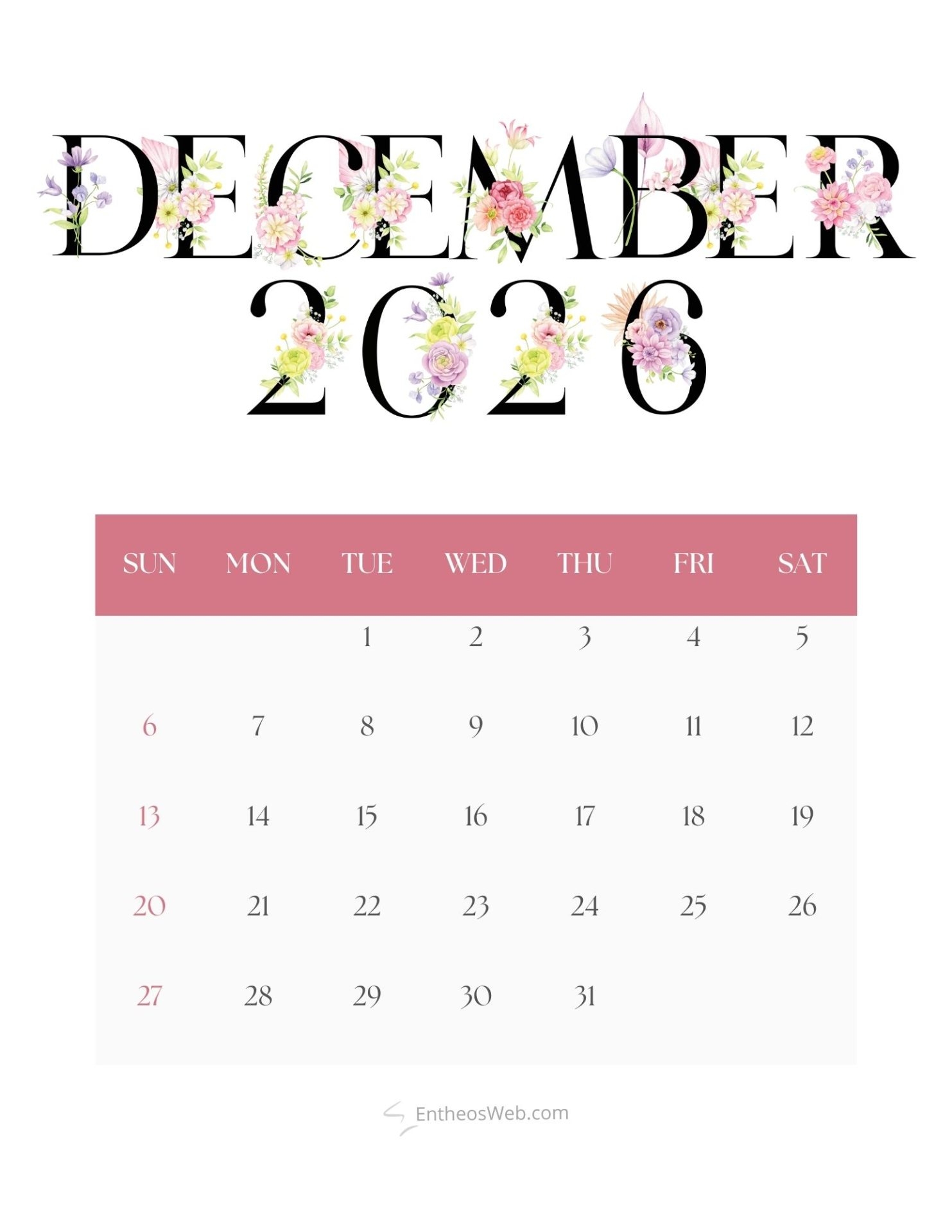 Aesthetic Monthly Calendar 2026 EntheosWeb