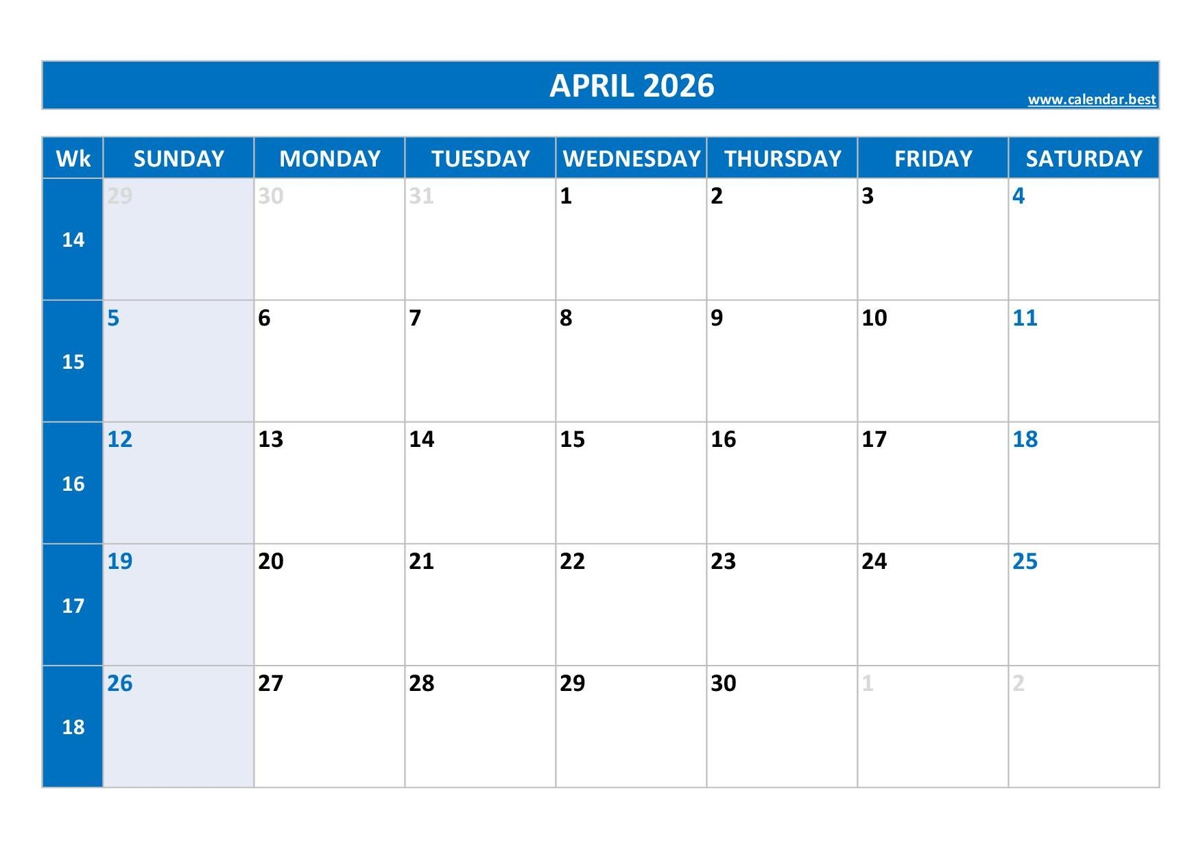 Blank Printable Calendar 2026 April