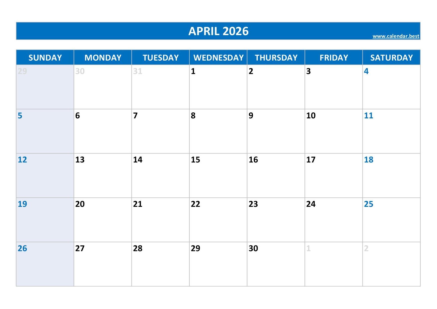 April 2026 Calendar Blank Printable