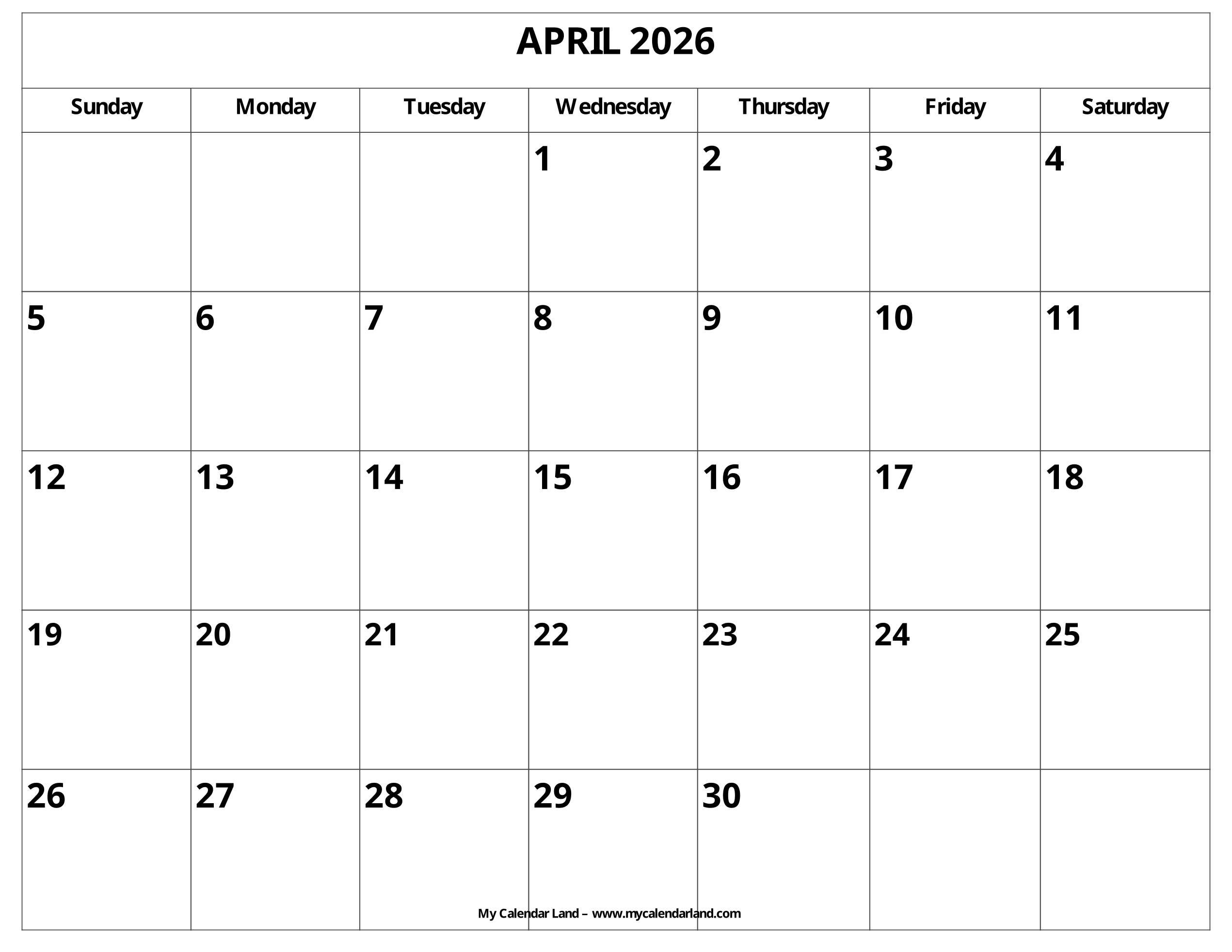 April 2026 Calendar My Calendar Land
