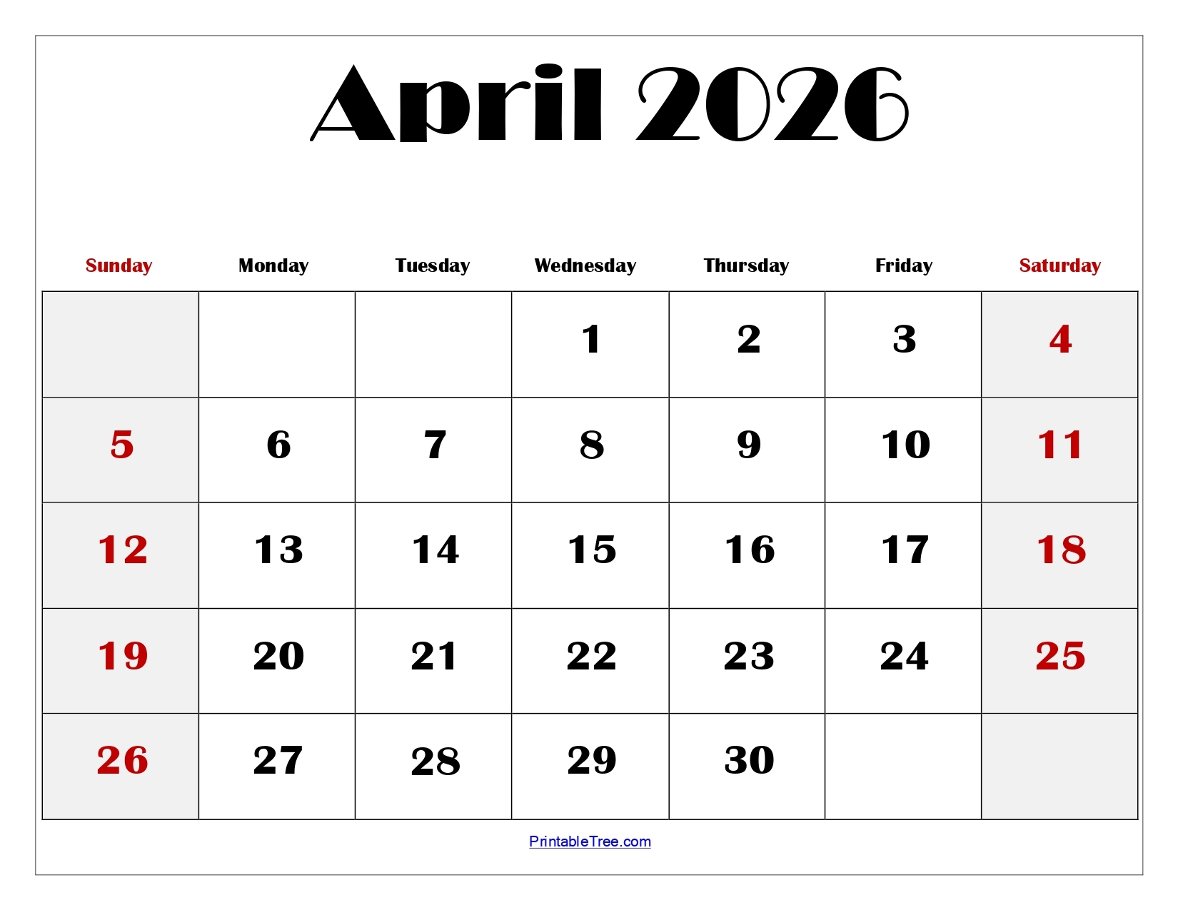 April Blank Calendar 2026 Printable