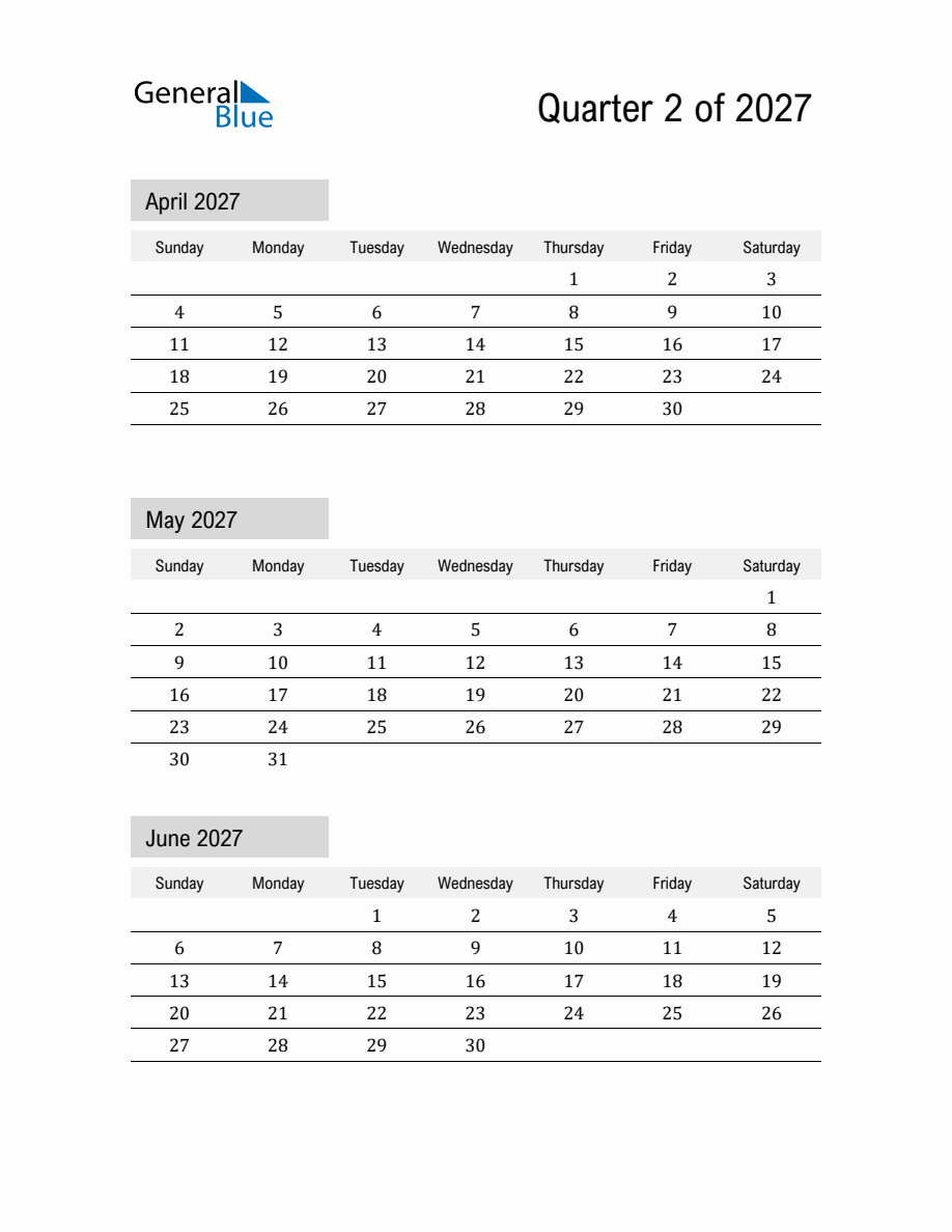 April May And June 2027 Calendar Template