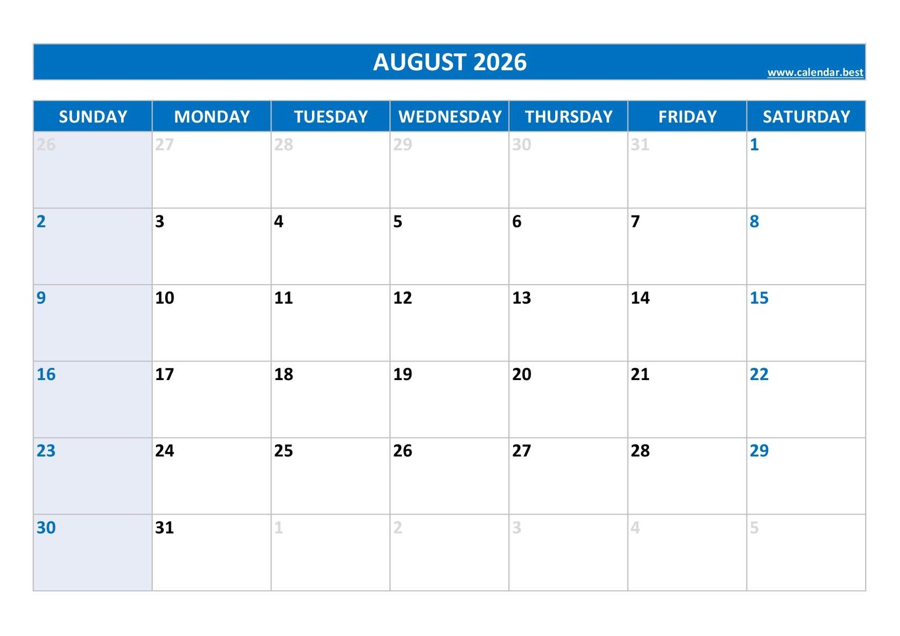 Blank Calendar Aug 2026 Printable Blank Calendar Aug 2026 Printable