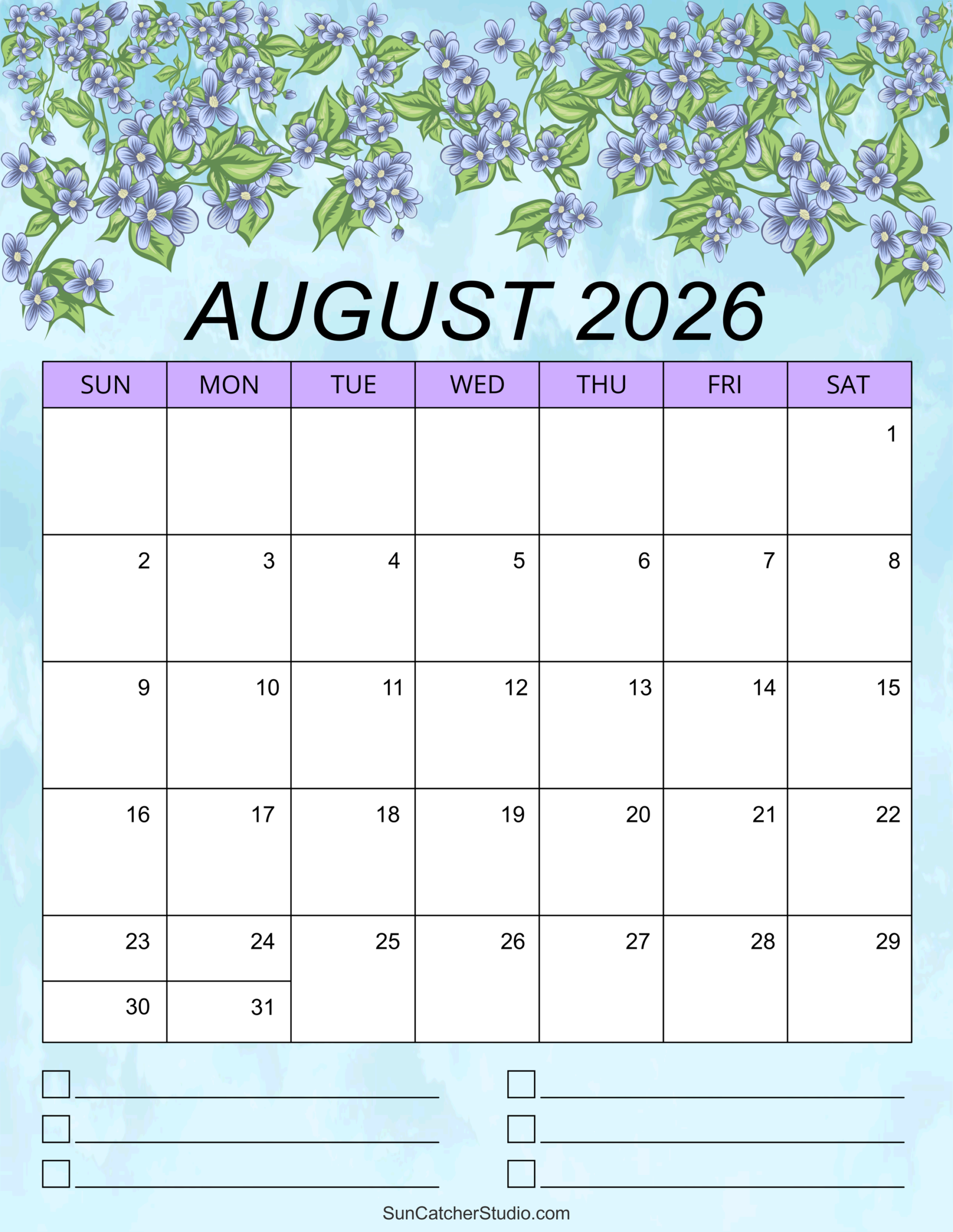 Blank Calendar Template August 2026 Printable