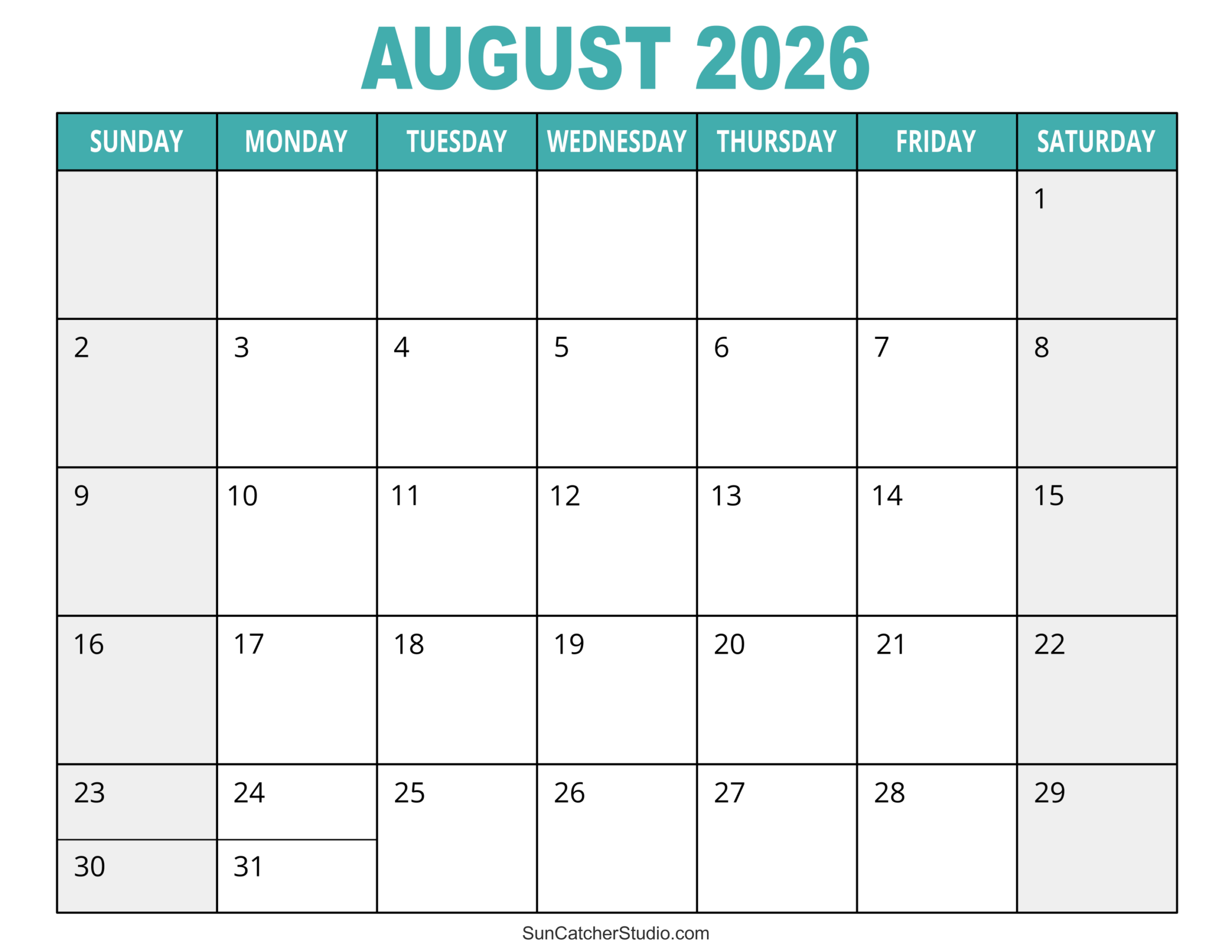 Printable Calendar August Through December 2026