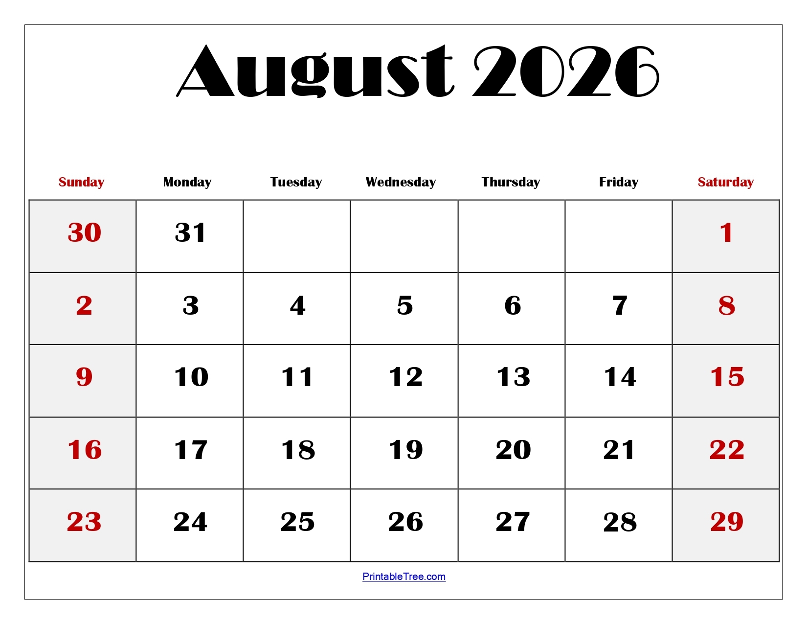 Blank Calendar For August 2026
